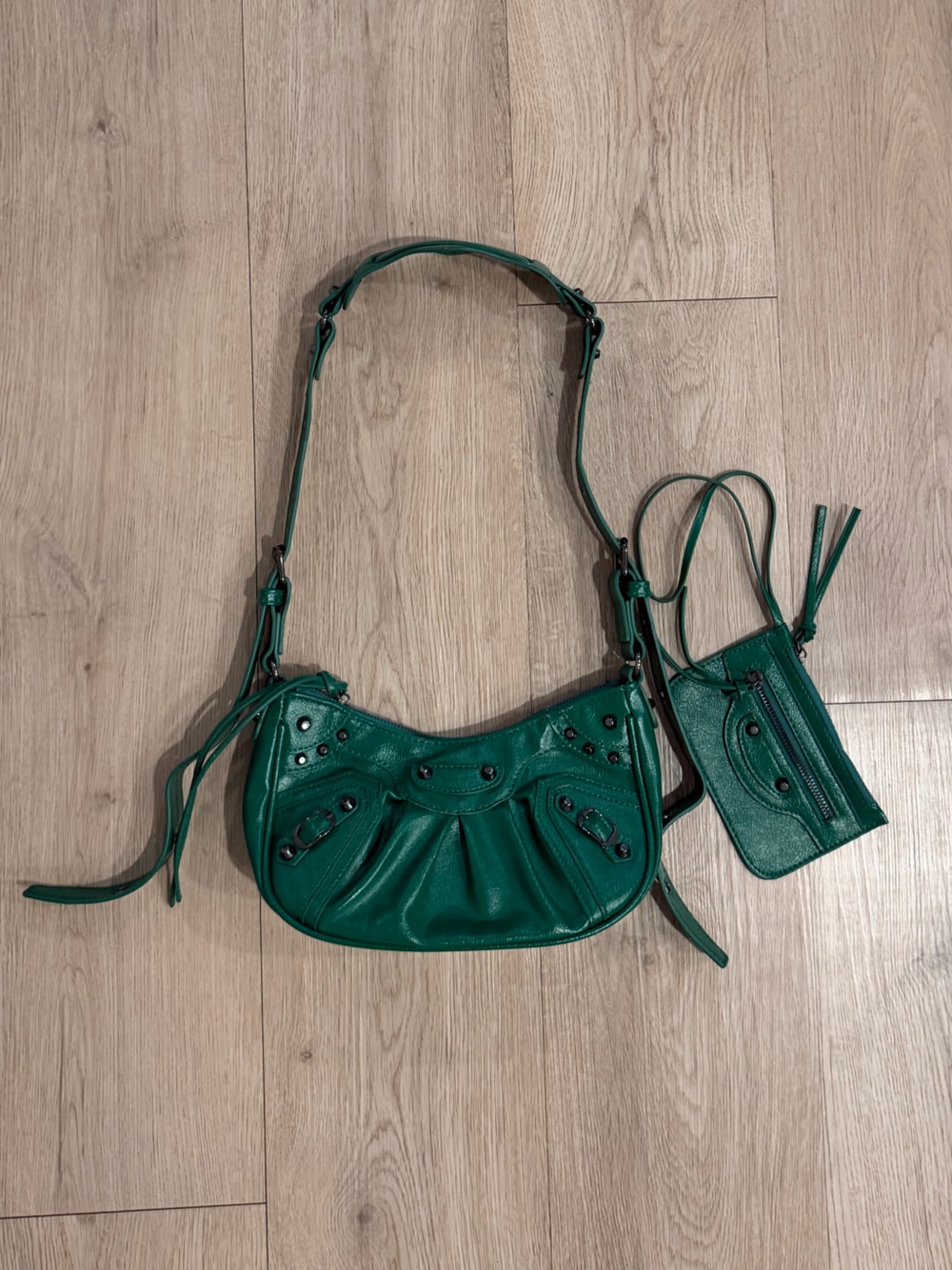 Green Moto Leather Shoulder/Crossbody Bag with Matching Card Pouch